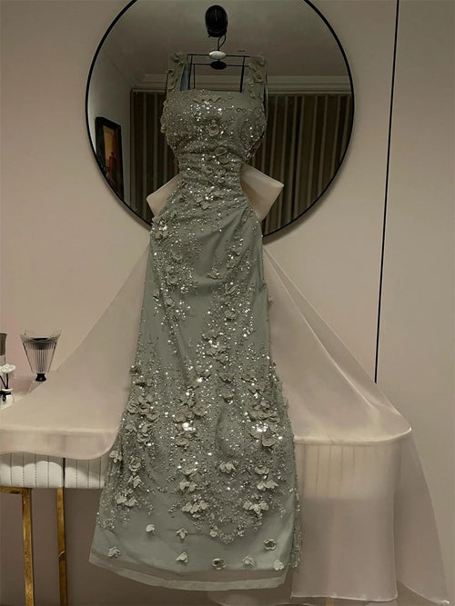 Contessa Customized Beaded Square Neck Sleeveless Prom Dress Long A Line Formal Evening Gown Floral Appliques Bow Back Design