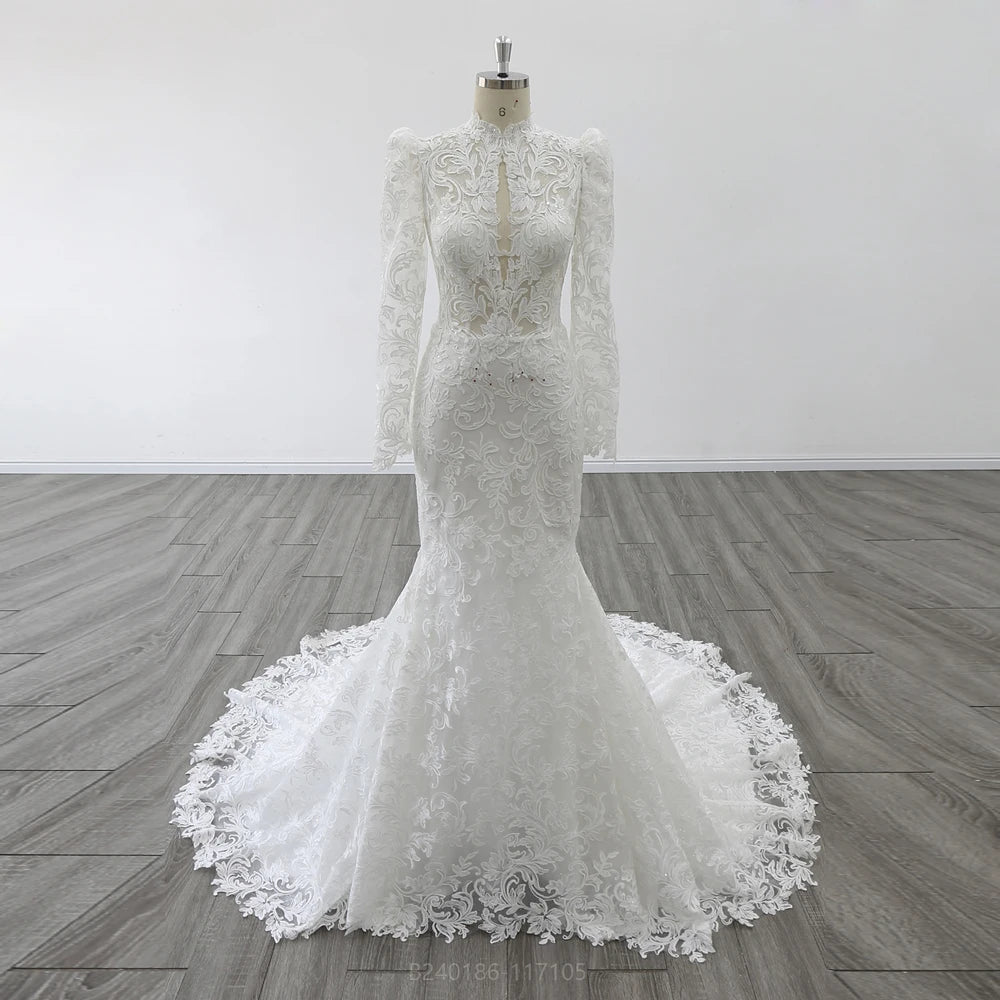 Long Sleeves High Neck Court Train Heavy Lace Mermaid Wedding Dress 2026