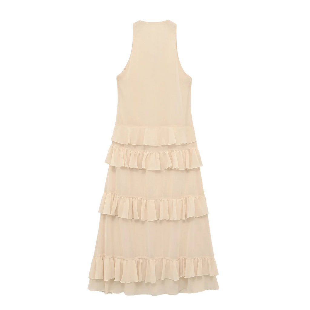 Stylish Commuter Laminated V-Neck Solid Color Midi Ladies Dress