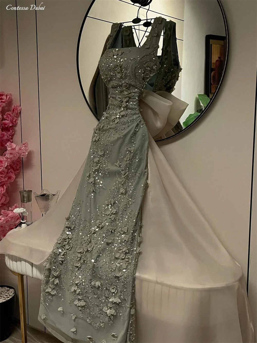 Contessa Customized Beaded Square Neck Sleeveless Prom Dress Long A Line Formal Evening Gown Floral Appliques Bow Back Design
