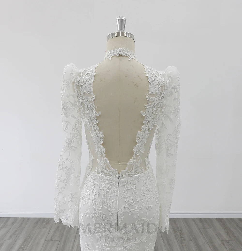Long Sleeves High Neck Court Train Heavy Lace Mermaid Wedding Dress 2026