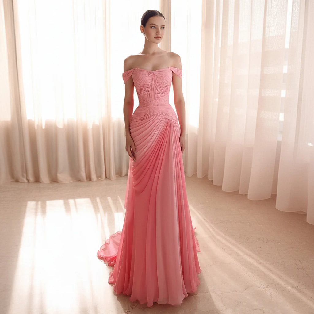 Sharon Said Elegant Pink Off Shoulder Evening Dress Ruched Chiffon A-Line with Train Women Wedding Formal Gown SF424 Customized