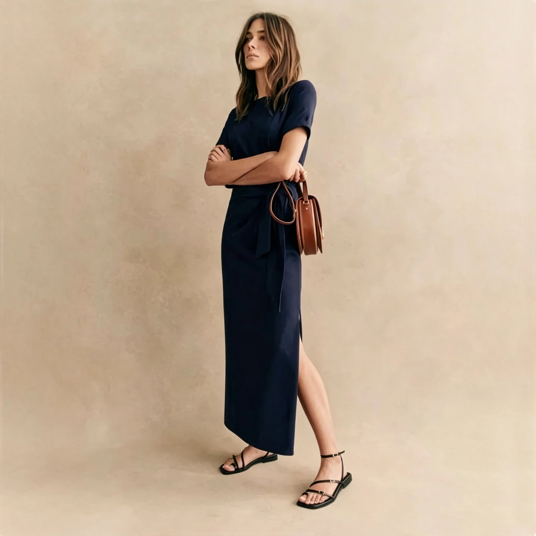 Summer Women French Chic Midi Dress Short Sleeve Side Tie Knot Ruched Wrap Dress Solid Side Slit Slim Fit Vacation Long Dress