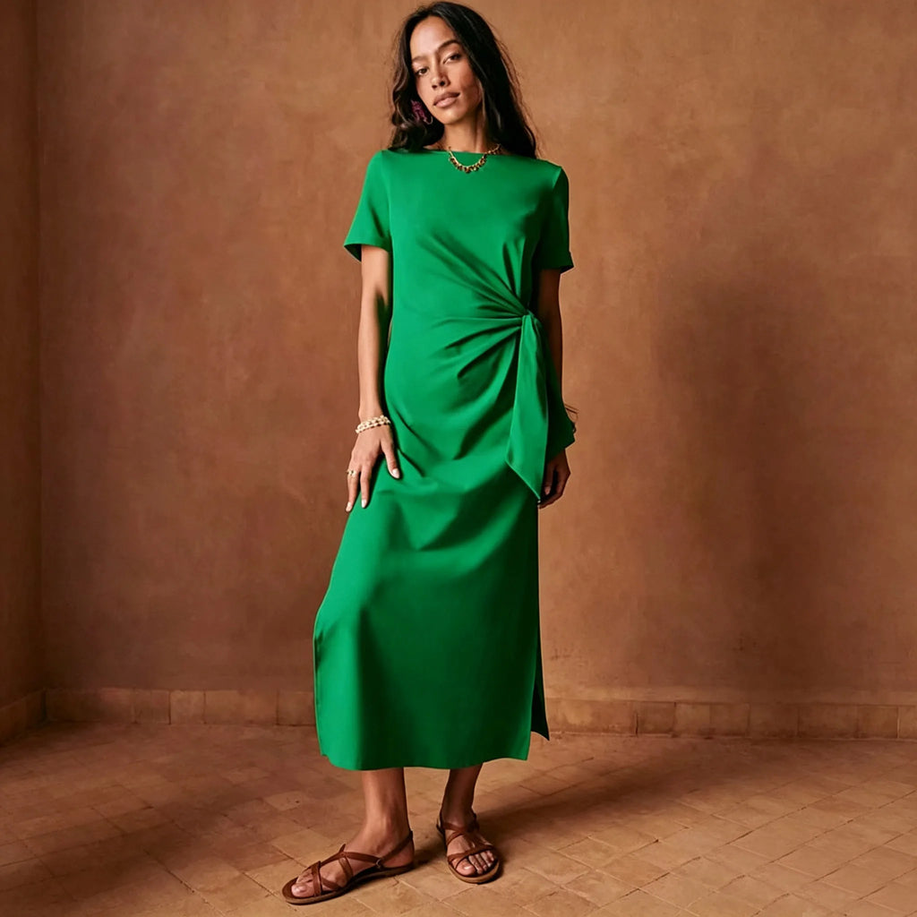 Summer Women French Chic Midi Dress Short Sleeve Side Tie Knot Ruched Wrap Dress Solid Side Slit Slim Fit Vacation Long Dress