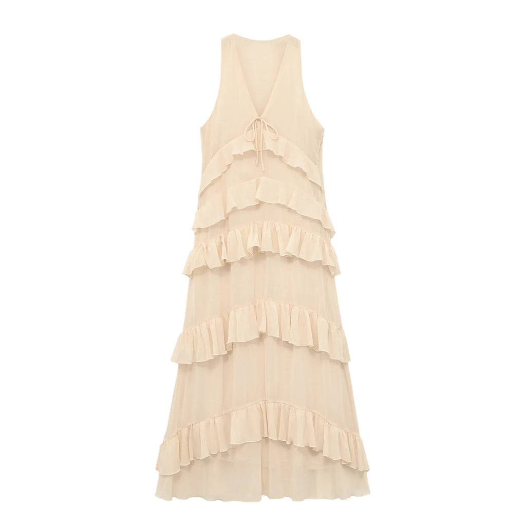 Stylish Commuter Laminated V-Neck Solid Color Midi Ladies Dress