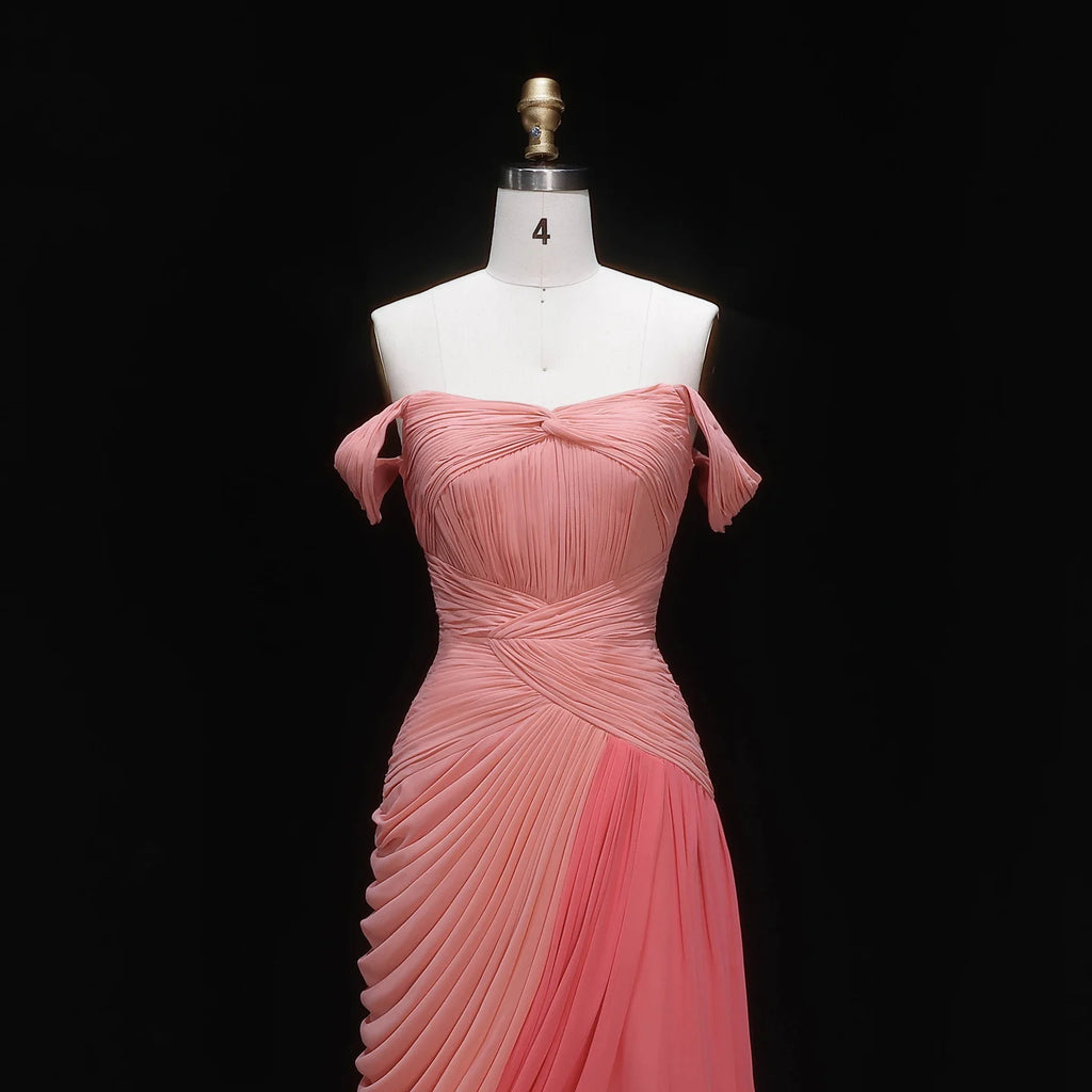 Sharon Said Elegant Pink Off Shoulder Evening Dress Ruched Chiffon A-Line with Train Women Wedding Formal Gown SF424 Customized