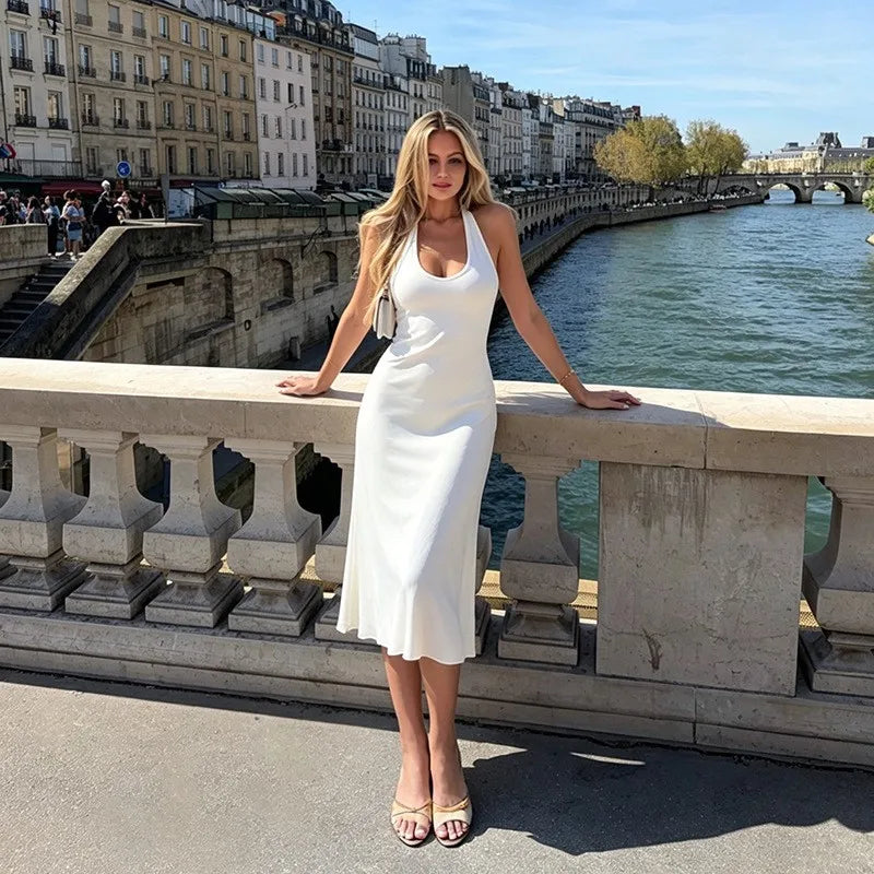 Women's Back Cutout Tie Halter Maxi Dress Elegant White U-Neck Slim Knit Mermaid Dress 2026 Summer Street Date Vacation Outfit