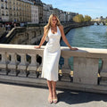 Women's Back Cutout Tie Halter Maxi Dress Elegant White U-Neck Slim Knit Mermaid Dress 2026 Summer Street Date Vacation Outfit