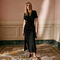 Summer Women French Chic Midi Dress Short Sleeve Side Tie Knot Ruched Wrap Dress Solid Side Slit Slim Fit Vacation Long Dress