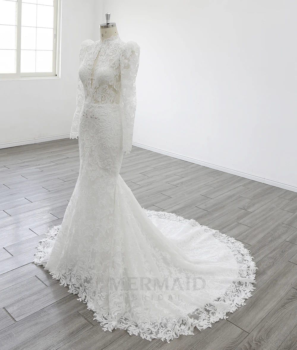 Long Sleeves High Neck Court Train Heavy Lace Mermaid Wedding Dress 2026
