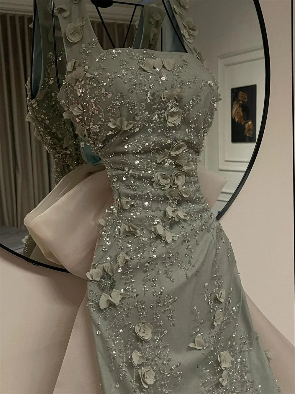 Contessa Customized Beaded Square Neck Sleeveless Prom Dress Long A Line Formal Evening Gown Floral Appliques Bow Back Design