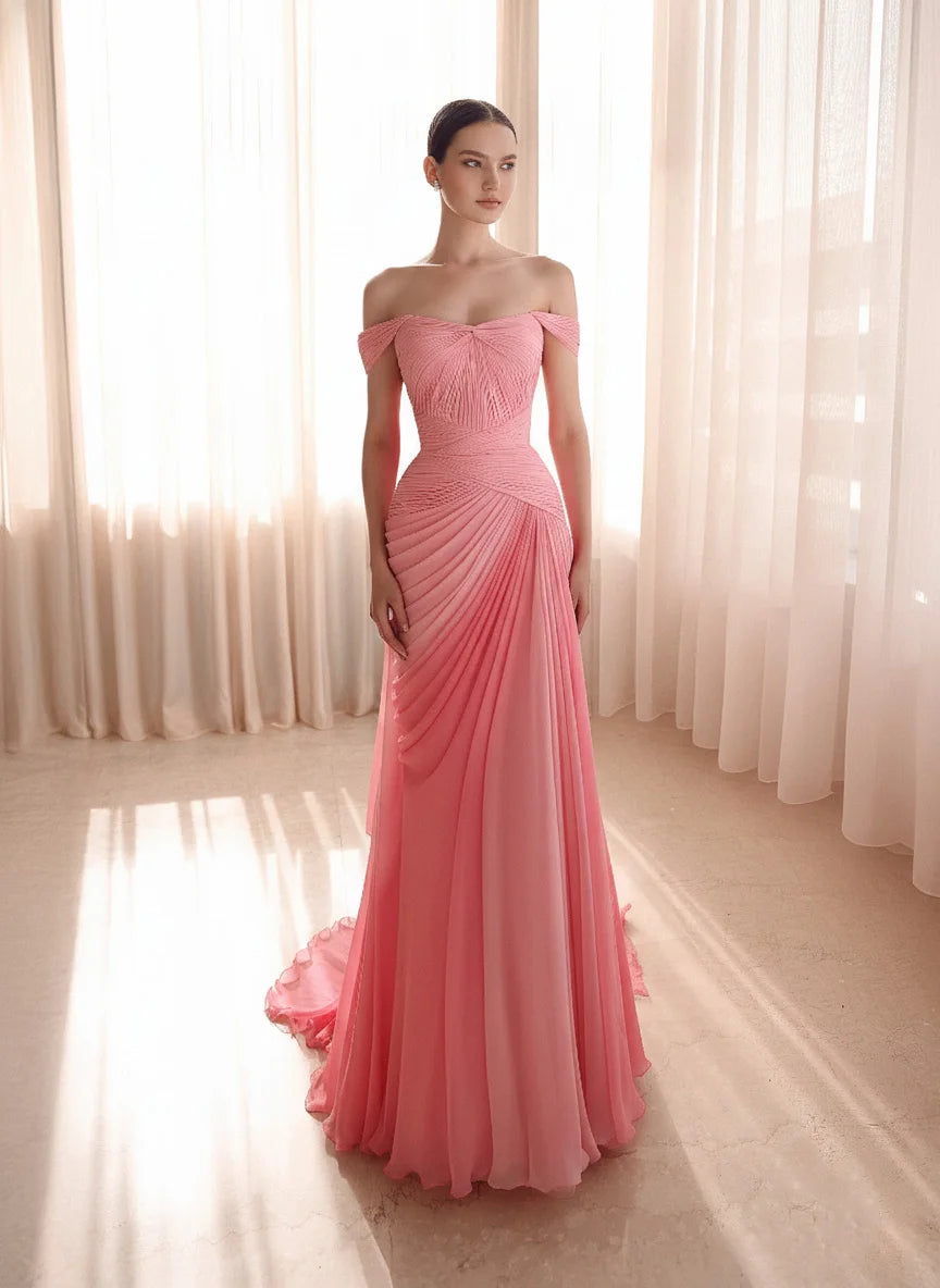 Sharon Said Elegant Pink Off Shoulder Evening Dress Ruched Chiffon A-Line with Train Women Wedding Formal Gown SF424 Customized