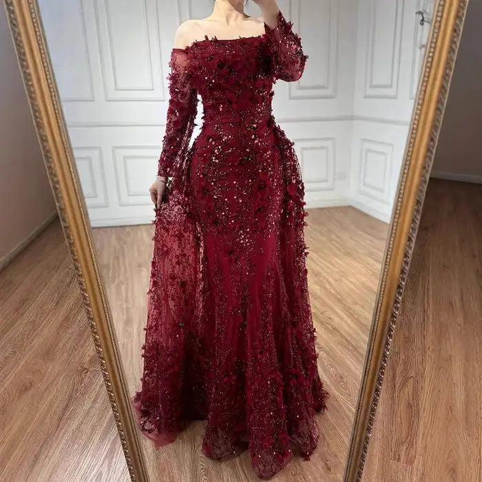 SERENE HILL Pink Off-the-Shoulder Mermaid Evening Dress Lace-Up Appliques Gown for Women Wedding Party GLA72641 Customized