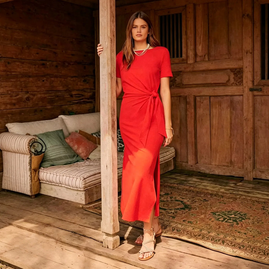 Summer Women French Chic Midi Dress Short Sleeve Side Tie Knot Ruched Wrap Dress Solid Side Slit Slim Fit Vacation Long Dress