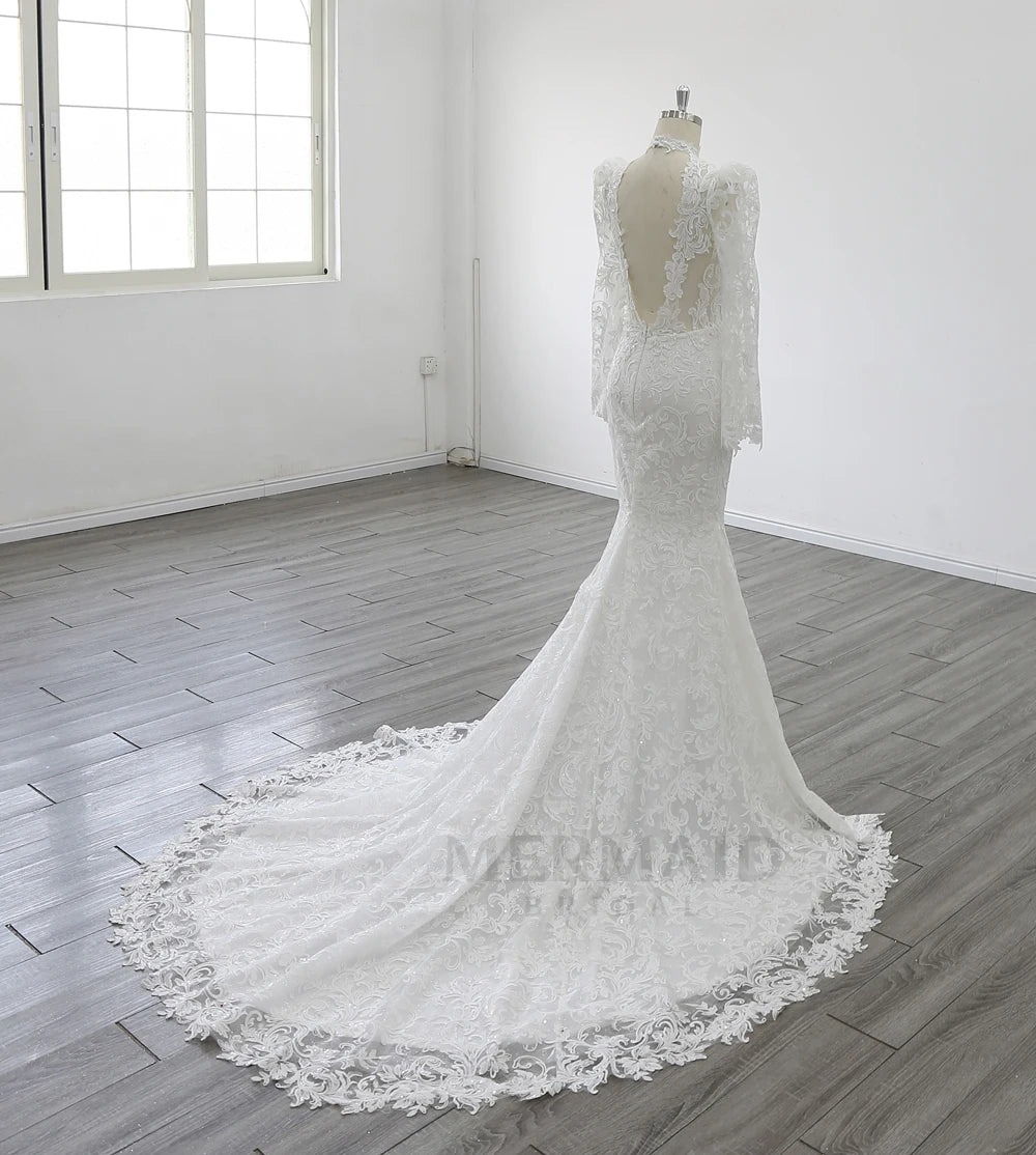 Long Sleeves High Neck Court Train Heavy Lace Mermaid Wedding Dress 2026