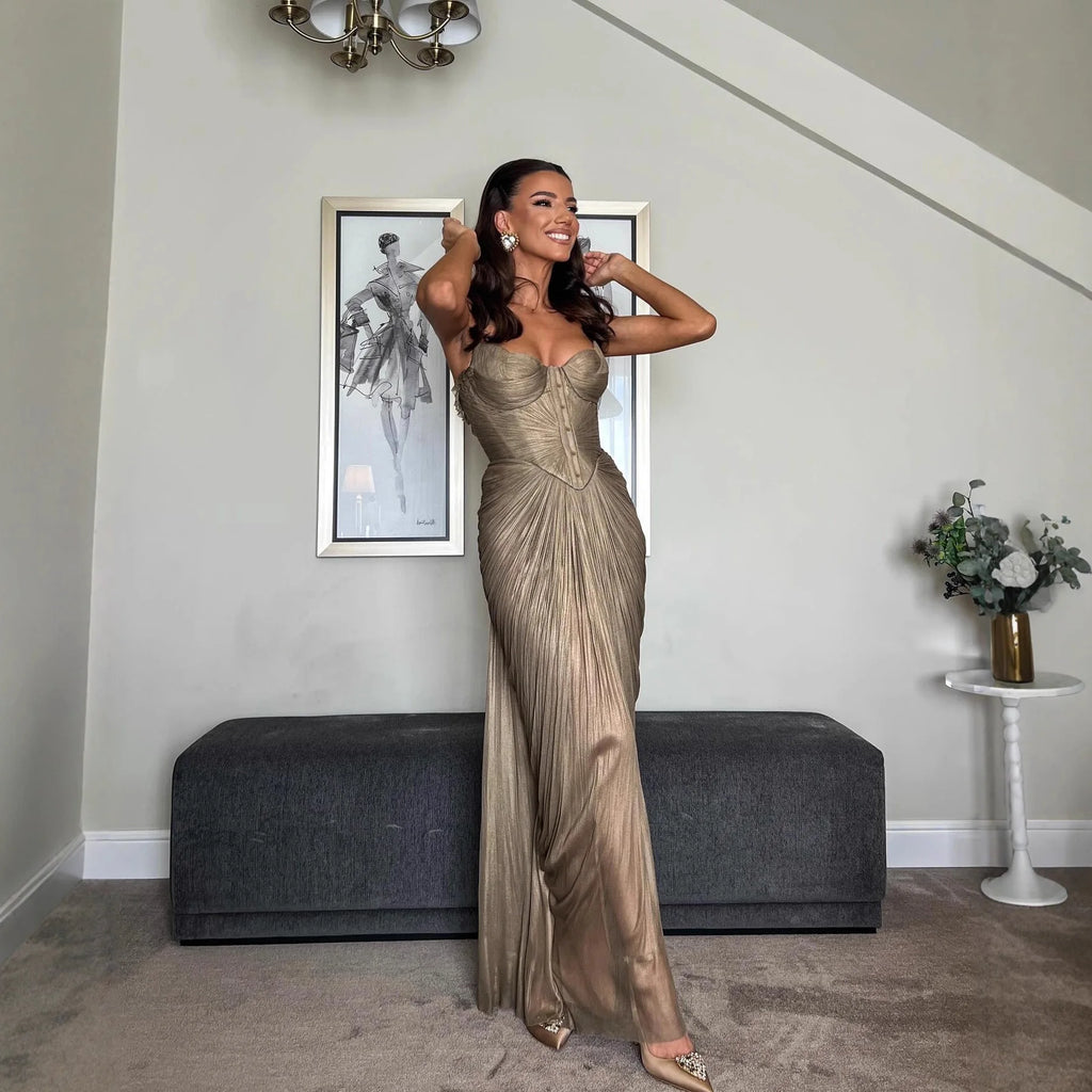 New European and American pleated gilded tie-waist dress, INS casual party split hem women's formal gown