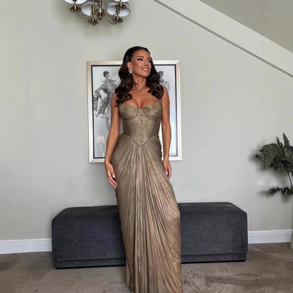 New European and American pleated gilded tie-waist dress, INS casual party split hem women's formal gown