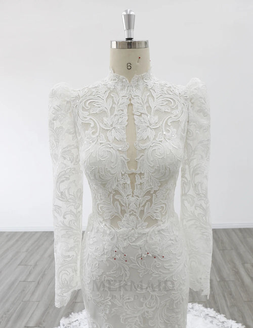 Long Sleeves High Neck Court Train Heavy Lace Mermaid Wedding Dress 2026