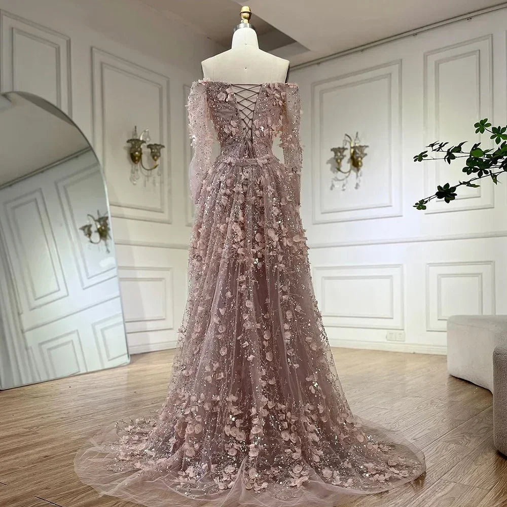 SERENE HILL Pink Off-the-Shoulder Mermaid Evening Dress Lace-Up Appliques Gown for Women Wedding Party GLA72641 Customized