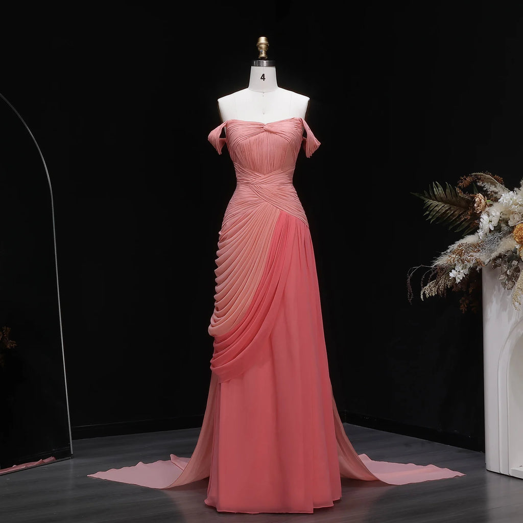 Sharon Said Elegant Pink Off Shoulder Evening Dress Ruched Chiffon A-Line with Train Women Wedding Formal Gown SF424 Customized