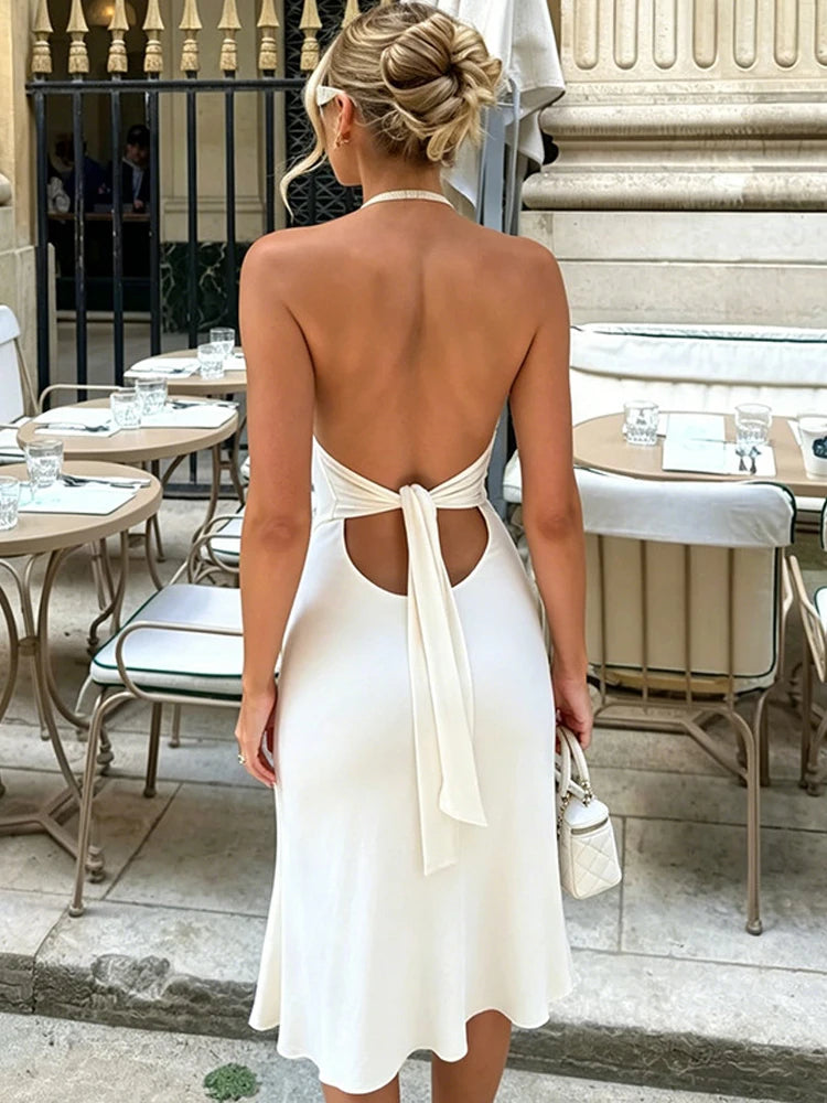 Women's Back Cutout Tie Halter Maxi Dress Elegant White U-Neck Slim Knit Mermaid Dress 2026 Summer Street Date Vacation Outfit