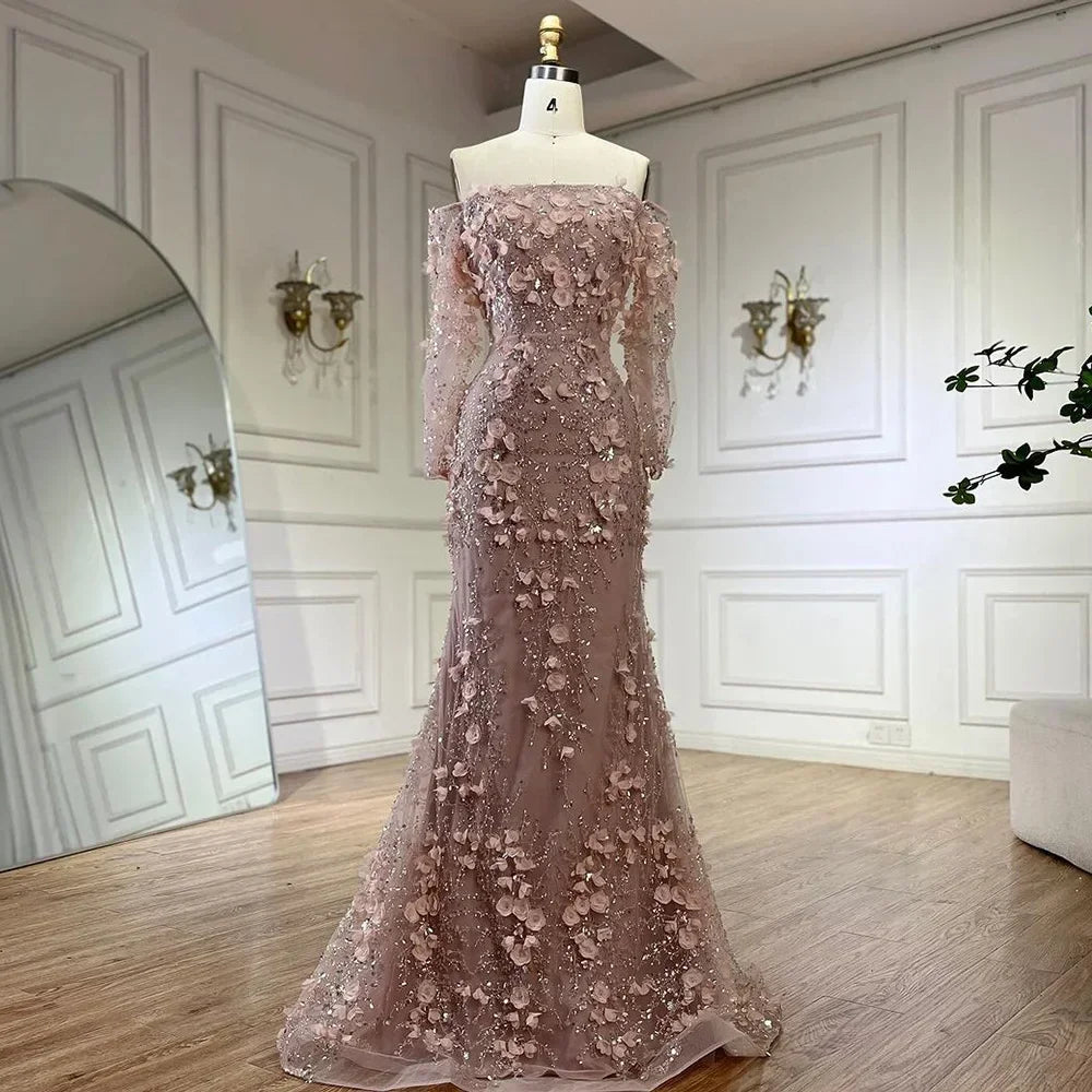 SERENE HILL Pink Off-the-Shoulder Mermaid Evening Dress Lace-Up Appliques Gown for Women Wedding Party GLA72641 Customized