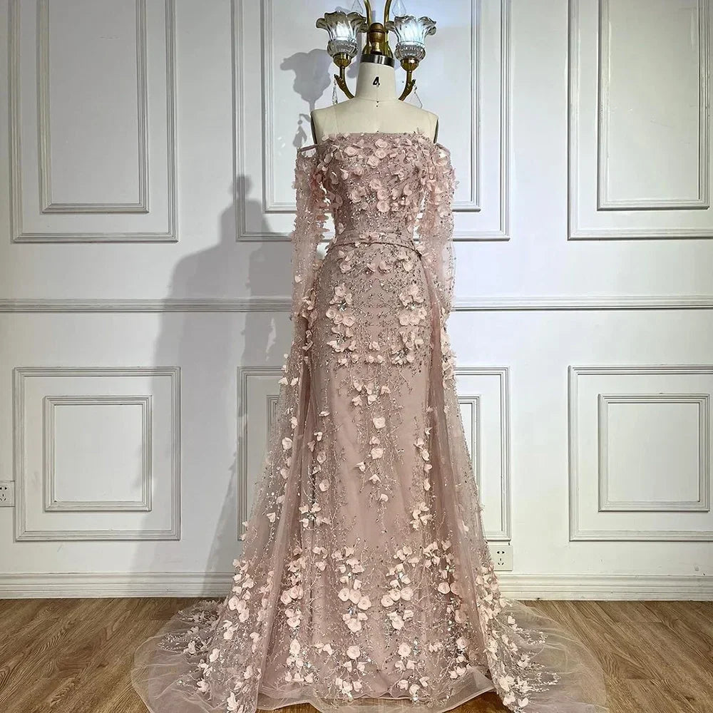 SERENE HILL Pink Off-the-Shoulder Mermaid Evening Dress Lace-Up Appliques Gown for Women Wedding Party GLA72641 Customized