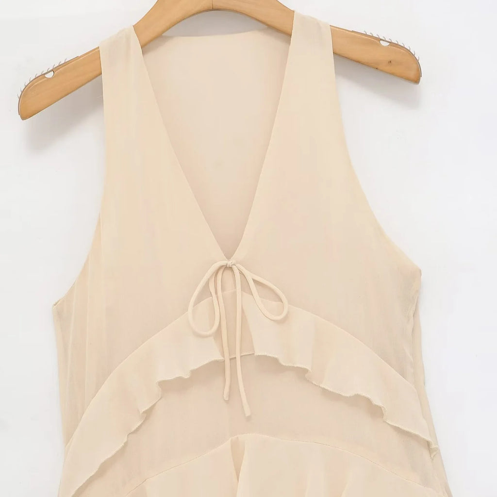 Stylish Commuter Laminated V-Neck Solid Color Midi Ladies Dress