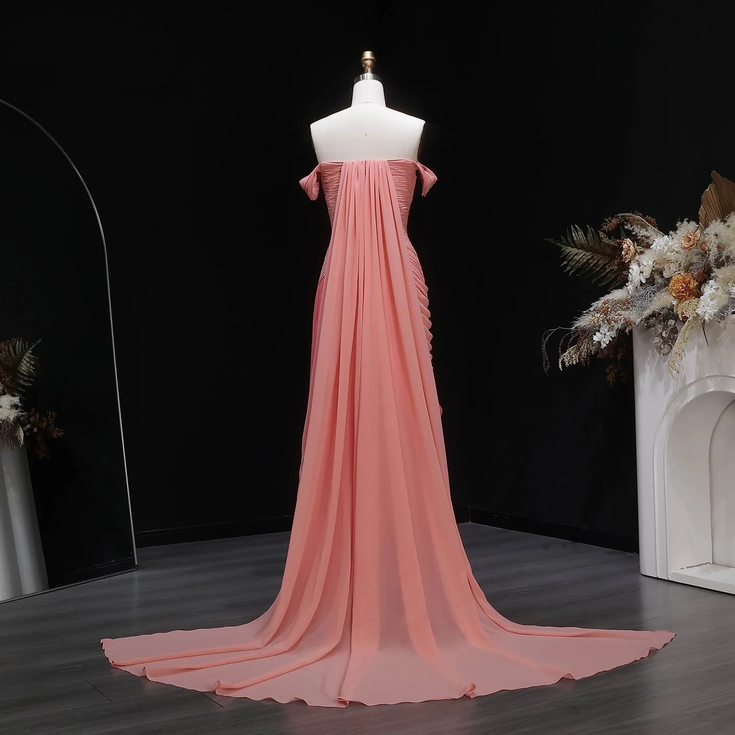 Sharon Said Elegant Pink Off Shoulder Evening Dress Ruched Chiffon A-Line with Train Women Wedding Formal Gown SF424 Customized