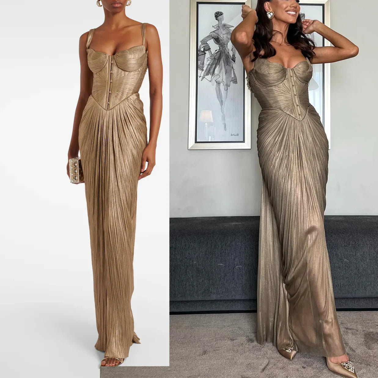 New European and American pleated gilded tie-waist dress, INS casual party split hem women's formal gown