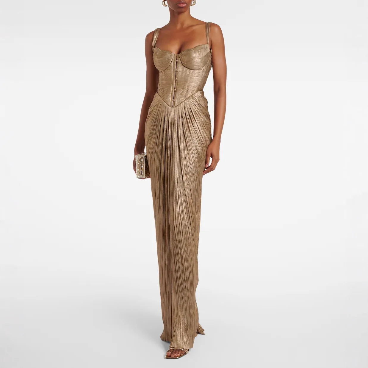 New European and American pleated gilded tie-waist dress, INS casual party split hem women's formal gown