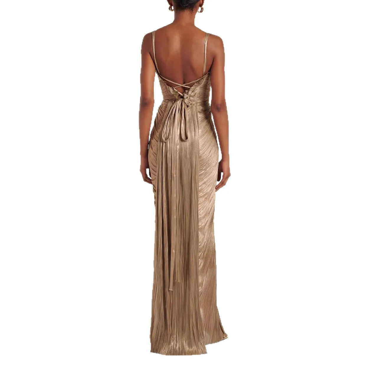 New European and American pleated gilded tie-waist dress, INS casual party split hem women's formal gown